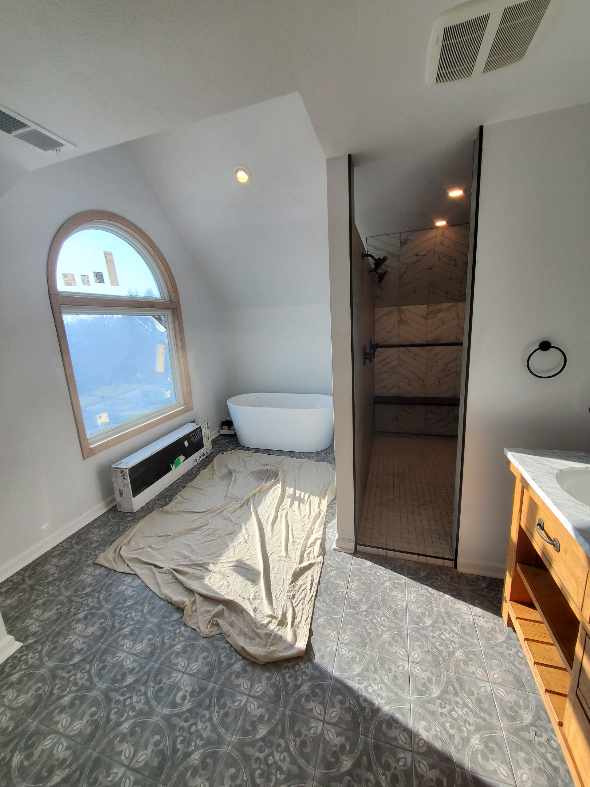 Freestanding tub with walk-in shower