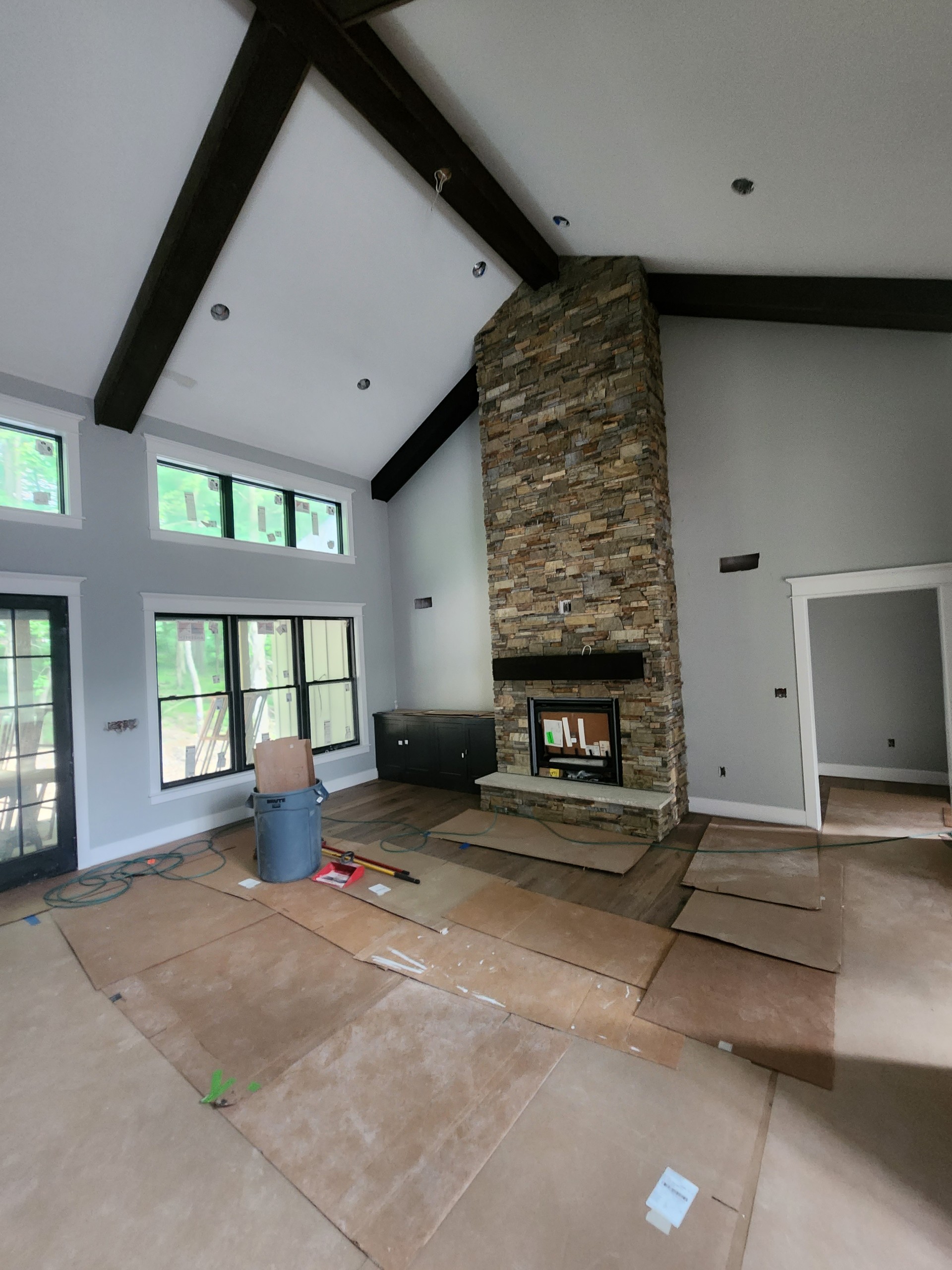 Stone fireplace in vaulted great room