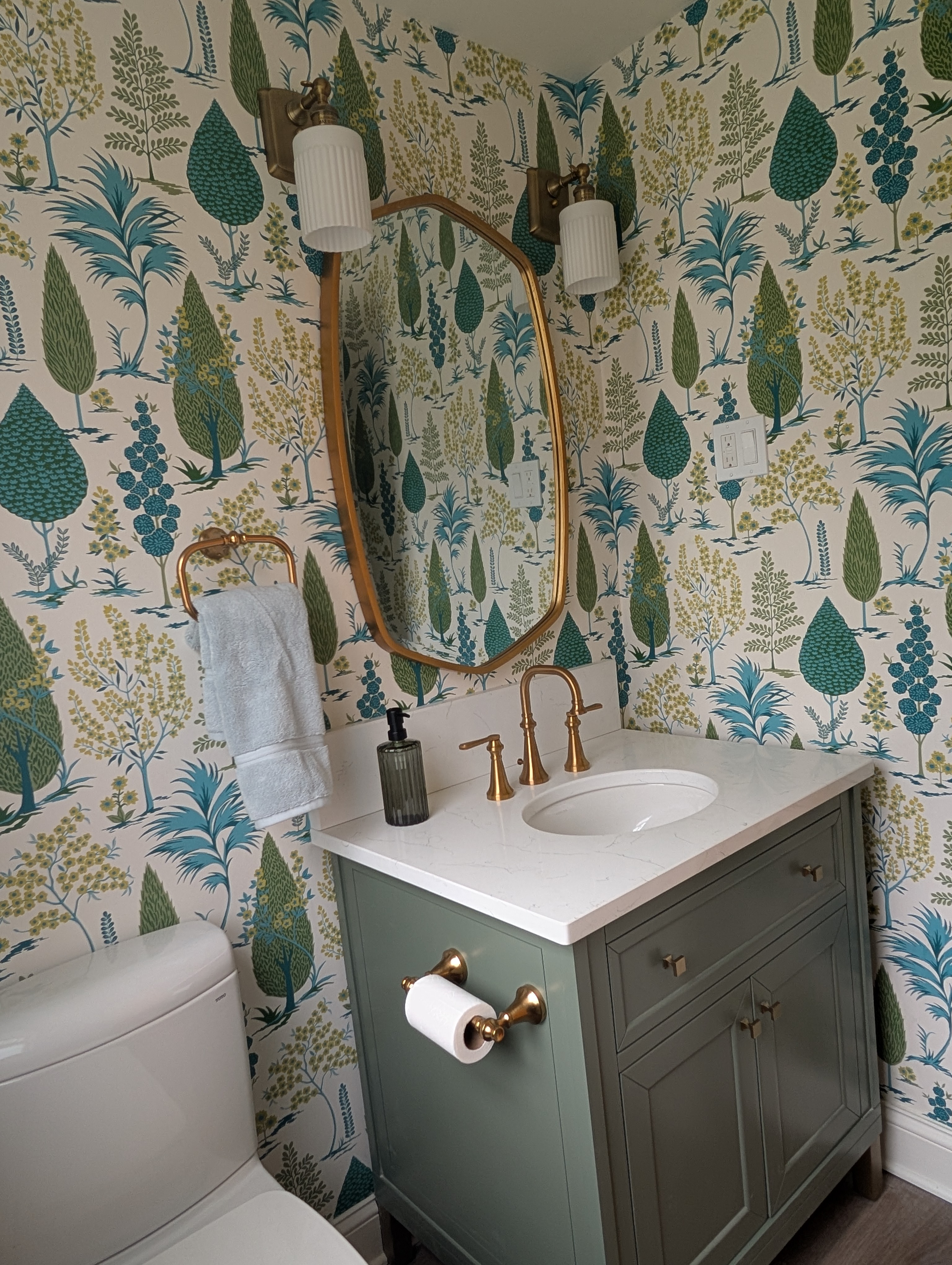 Gibsonia powder room with botanical wallpaper
